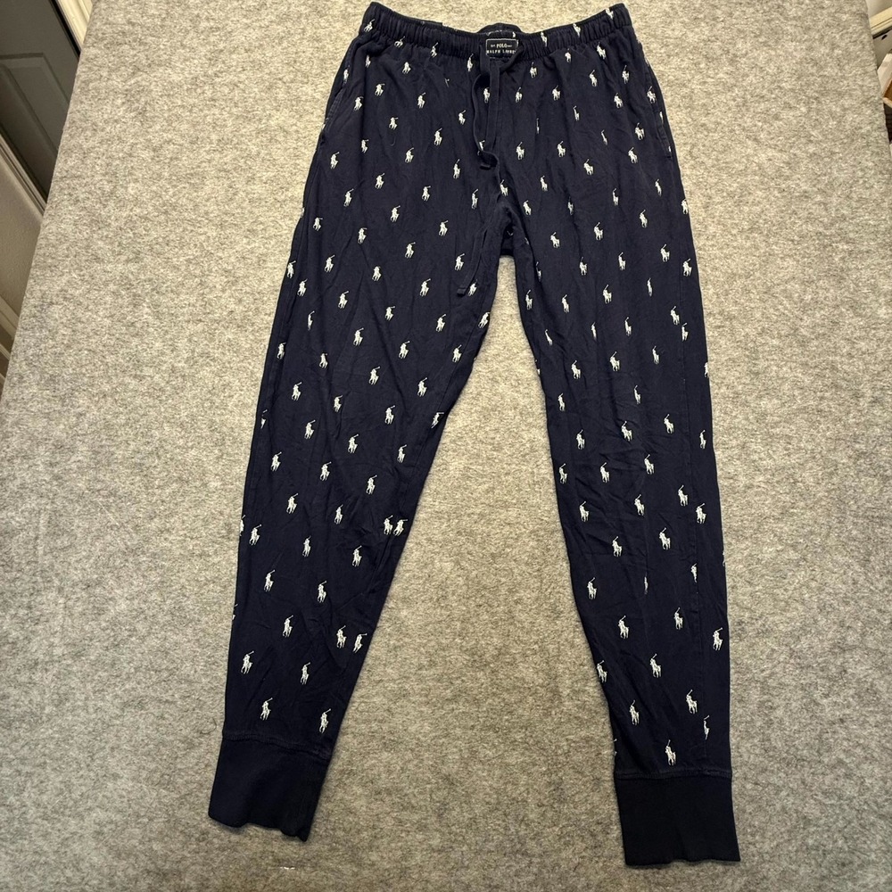 Polo Ralph Lauren Pajama Jogger Pants Women L Pony Print Cotton Navy Graphic